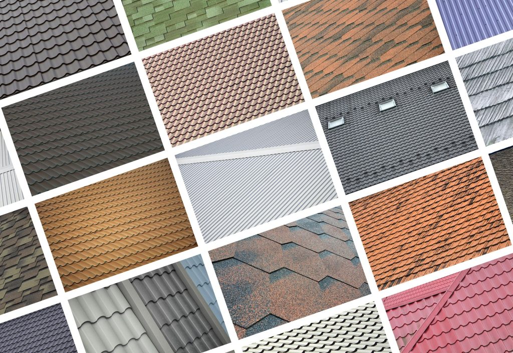 A collage of many pictures with fragments of various types of roofing close up